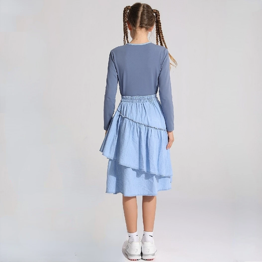Girls Teen Kids Midi Ruffles Denim Skirt Cotton New Summer Jersey Top Patchwork Denim Neck Mommy and Daughter Clothes,#7011