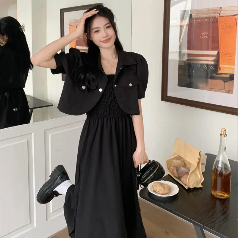 여성 반팔 정장 스커트 투피스 코트, 슬림 슬링 원피스, 스몰 수트 가디건 재킷, 서스펜더 원피스 세트