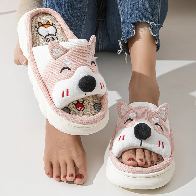 Linen Platform Slippers Women Home Cute Cartoon Dog Designer Shoes Girls Fashion Casual House Slipper Ladies Elegant Open Toe 3