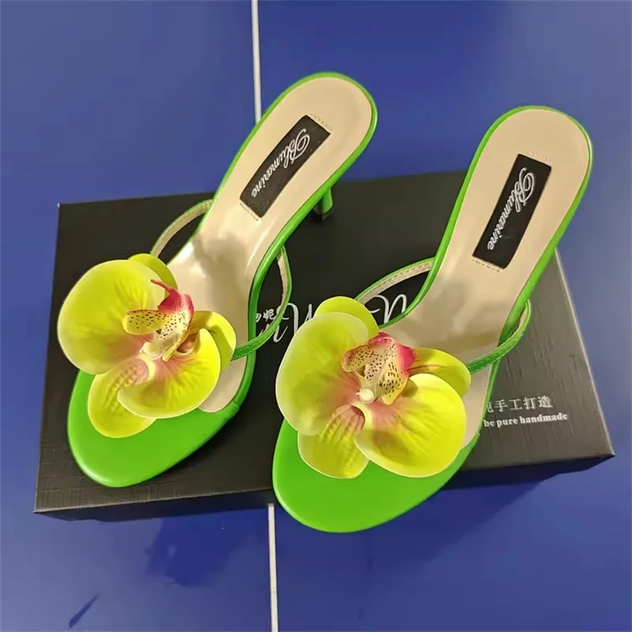 Flower Decoration Thin High Heel Clip Toe Slippers Women's Summer Outwear Fashion 2024 New Pink Green Color Slipper Sandals