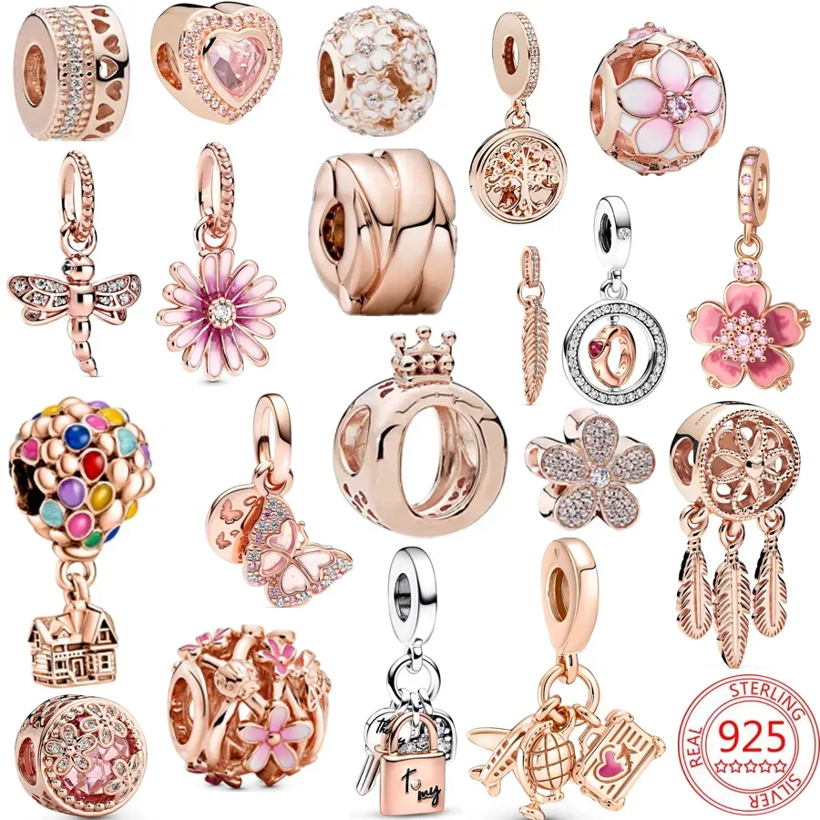 

Sparkling Pink Daisy Flower & Cherry Blossom Dangle Charms Beads 925 Sterling Silver Fit Original Pandora Bracelet Women Jewelry