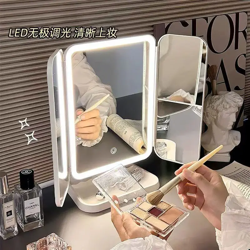디럭스 LED 화장 거울 램프 포함 소녀 화장 거울 학생 기숙사 데스크탑 삼중 접이식 화장 거울 소녀 미용 거울