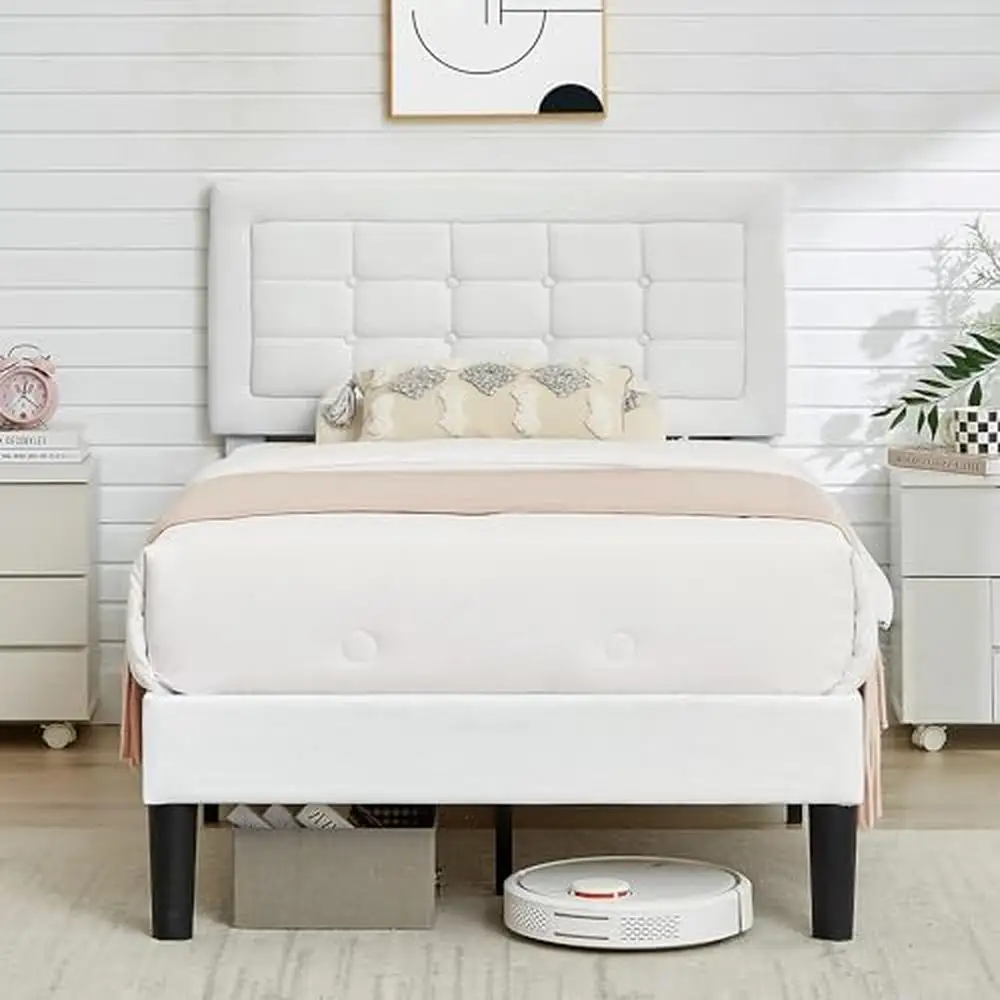 

Twin Bed Frame Adjustable Headboard Button Tufted Upholstered Wood Slat Support No Box Spring Stylish Comfort Easy Assembly