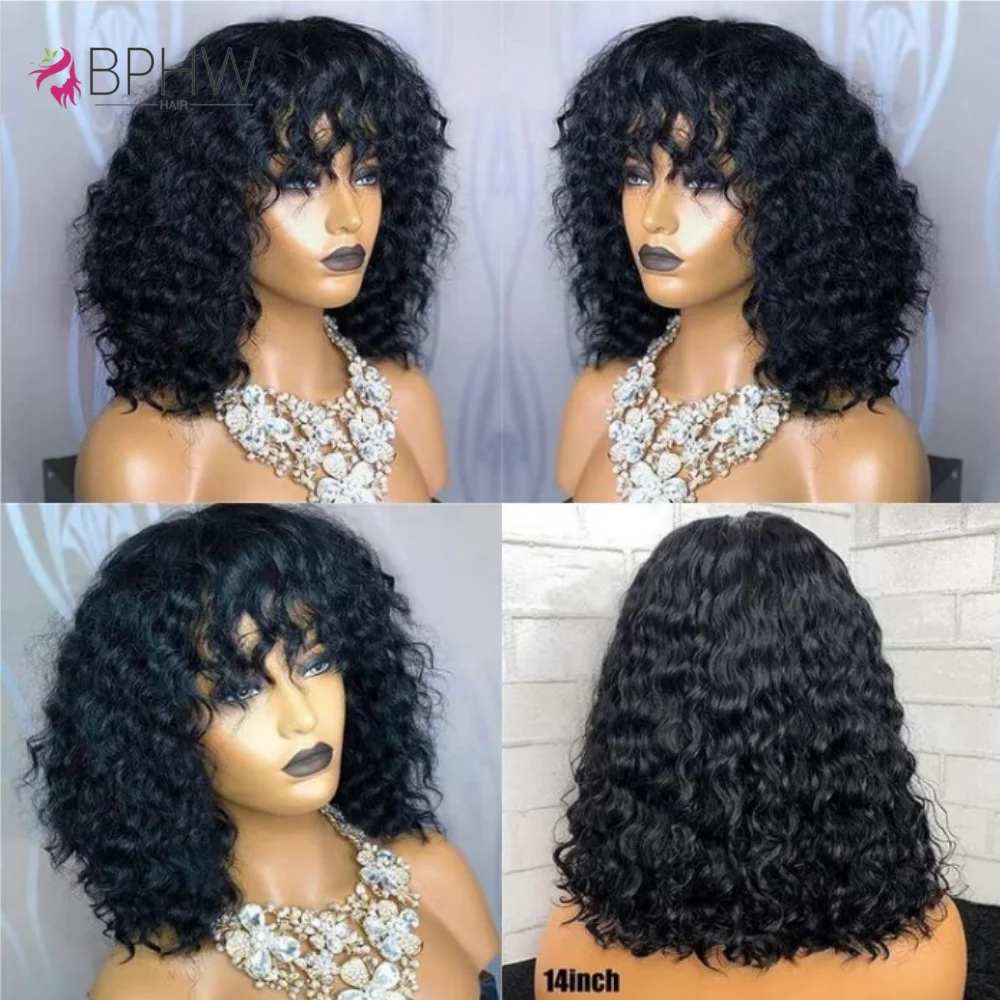 Water Wave Human Hair Wigs with Bangs Brazilian Human Hair For Women 180% Density Machine Made Deep Wave Curly Wigs Long human hair wigs
