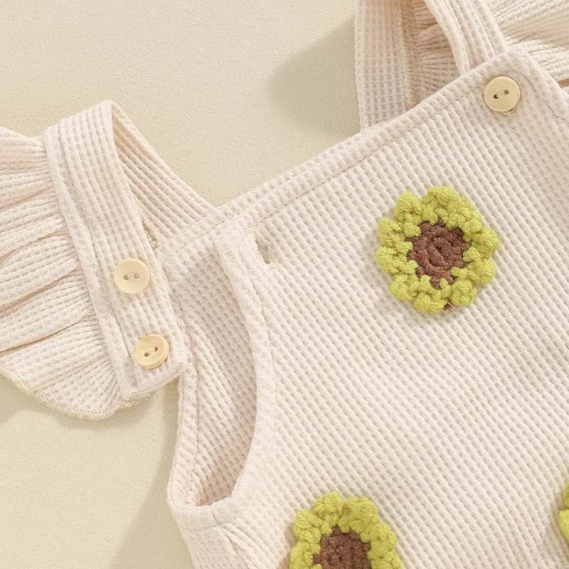 

Newborn Baby Girl Summer Clothes Fly Sleeve Flower Embroidery Waffle Knit Romper Headband 2Pcs Outfit