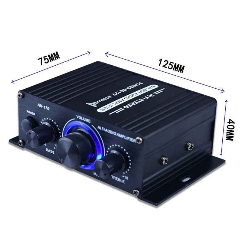 AK170 Mini Digital Power Audio Car Amplifier Blue Light Stereo Audio Amplifier for Home Theater Club Party Music MAX 200Wx2 Amp