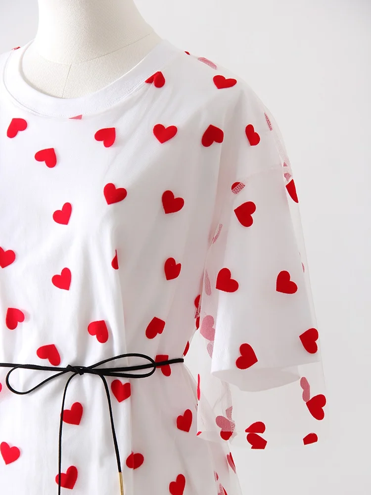 Long Mesh T Shirt Dress For Women Short Sleeve Heart Tulle Fake Two Piece Dresses WOmen's White Loose Maxi Dress With Heart Red