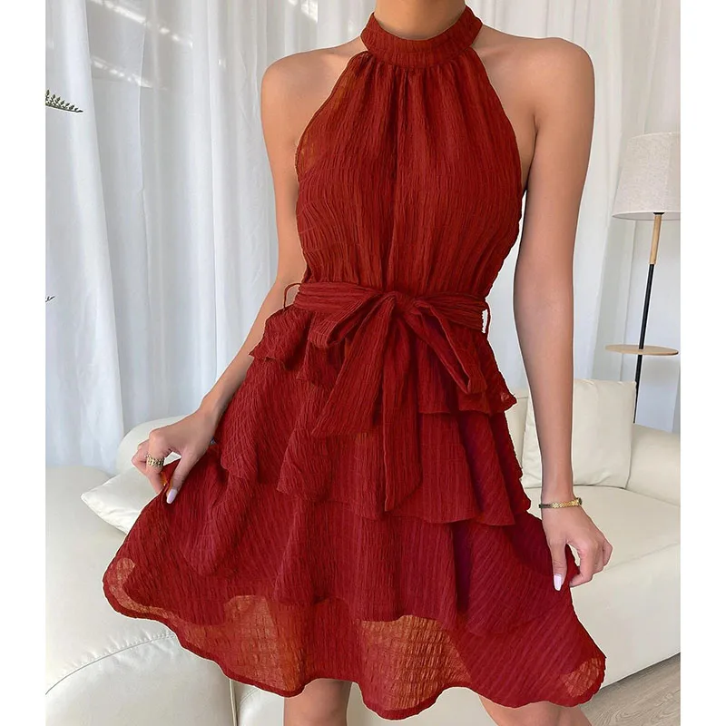 

Sexy Sleeveless Halter Neck Dress Women Layered Ruffle Puff Hem Ties Slim Short Mini Skirt Off Shoulder Summer Casual Flare