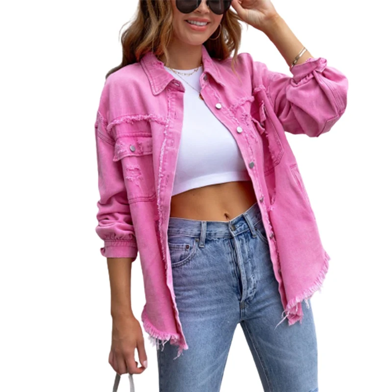 Fashion Broken Holes Solid Color Denim Jacket Ladies Comfortable Casual Loose Button Cardigan Coat Streetwear Women's Outerwear new fashion women braided bright colors belts circular gold buckle ladies waist ornament no holes all matching accesorios de