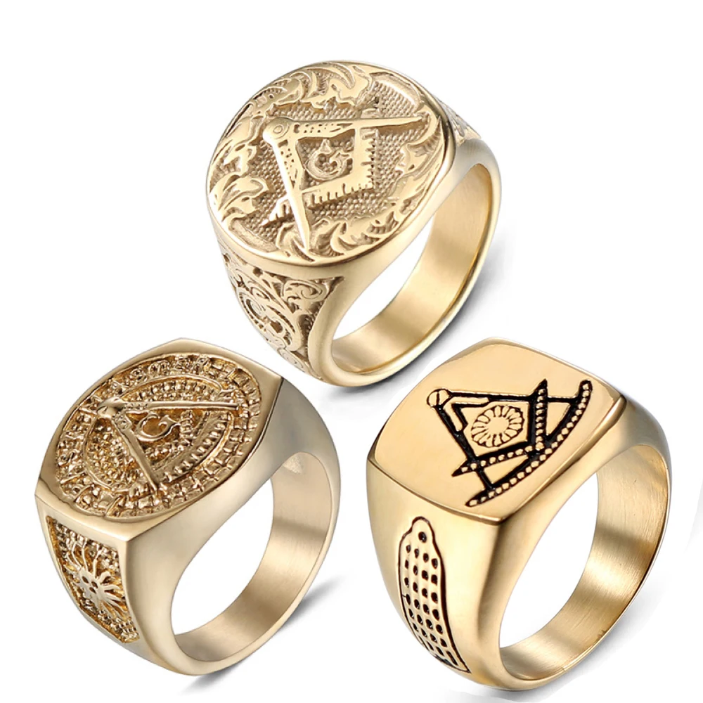 

7/8/9/10/11/12/13# Masonic Men Stainless Steel Solid Gold Letter A G Freemason Ring Male Finger Jewelry Wholesale Free Shipping