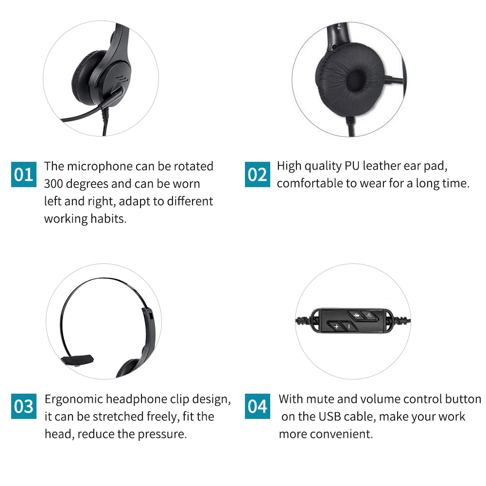 Single-Sided USB Corded Headset Call Center Monaural Headphone with Adjustable Microphone  Volume Control Button for Office