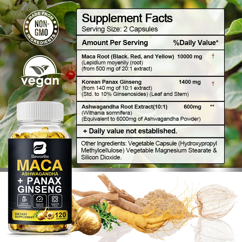 Edible Capsules BEWORTHS Nature Original Ginseng & Ashwagandha Plant Root Extract for Men and Women