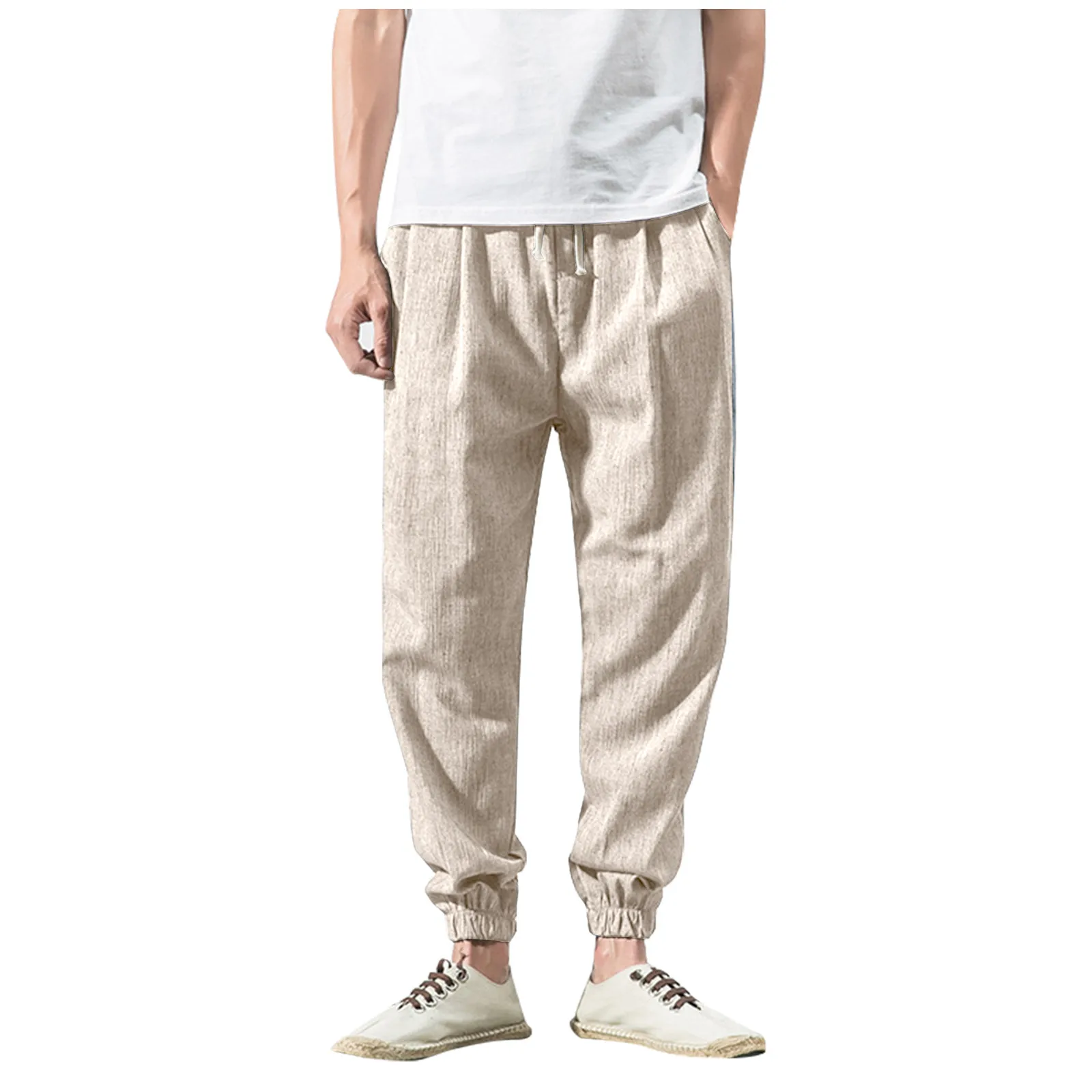 

Men Pants Summer Vintage Ethnic Style Loose Cotton Linen Casual Sports Straight Drawstring Pants Streetwear Pantalones Hombre