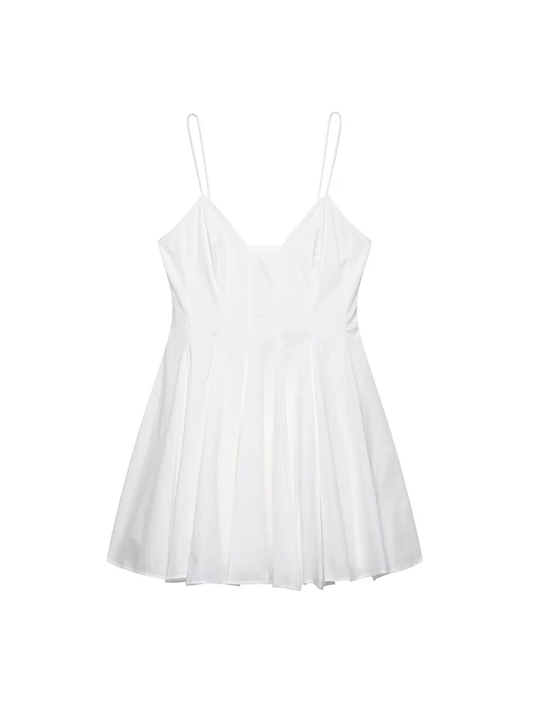 TFMLN Sexy Women Pleated Strap Dresses 2025 Summer Sweet Sleeveless Backless Party Dress Fashion Chic Solid V Neck Mini Dresses
