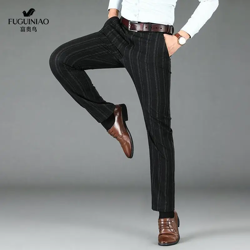 Autumn Winter Business Casual Striped Suit Pants Mens Brushed Straight Slim Fit Trousers for Men Thick Office Formal Dress Pants 3