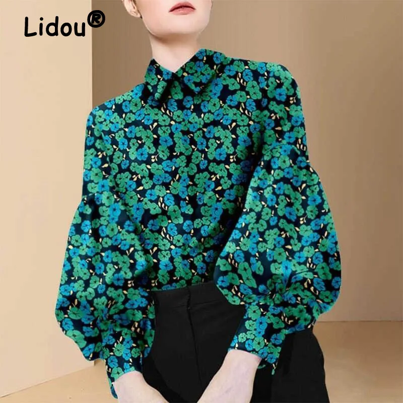 Female Fashion Print Lapel Lantern Long Sleeve Blouses Shirt Urban Casual Chic Loose Floral Women Spring Summer Blouse Top 2022