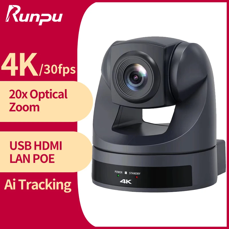 Runpu RP-HD10UH 4K30fps 20X Optical Zoom AI-Tracking Ptz HDMI Camera LAN POE Live Streaming Broadcast Video Conference System Camera