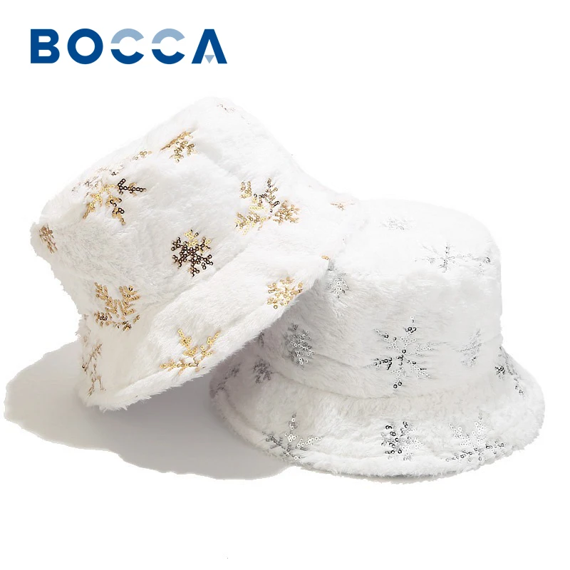 

Bocca Snowflake Plush Bucket Hat Faux Fur Panama Fisherman Hats Fuzzy Soft Warm Winter Autumn Thickened Adjustable Cap Gorras