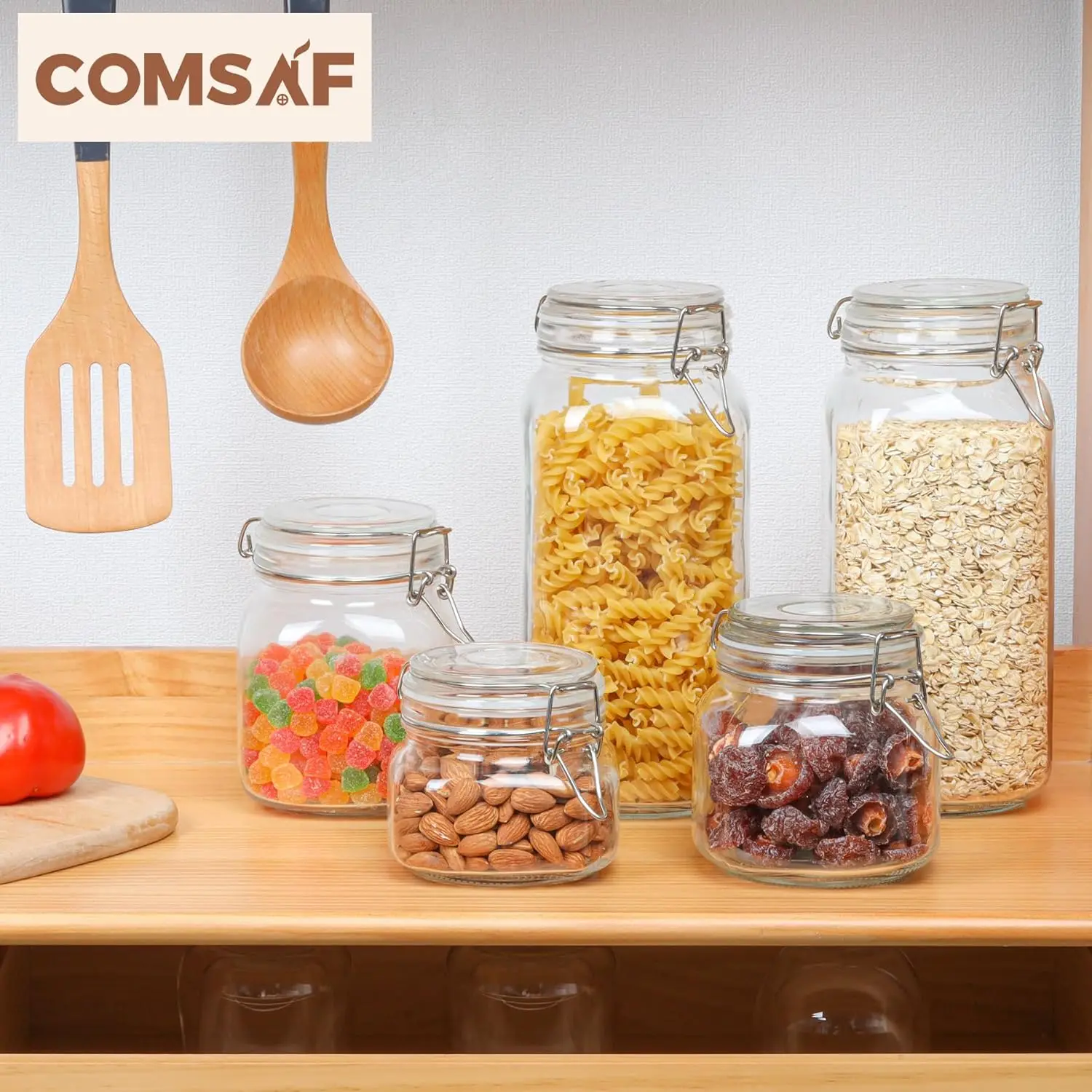 Airtight Glass Canister Set of 3 with Lids 78oz Food Storage Jar Square - Storage Container with Clear Preserving Seal Wire Clip 5