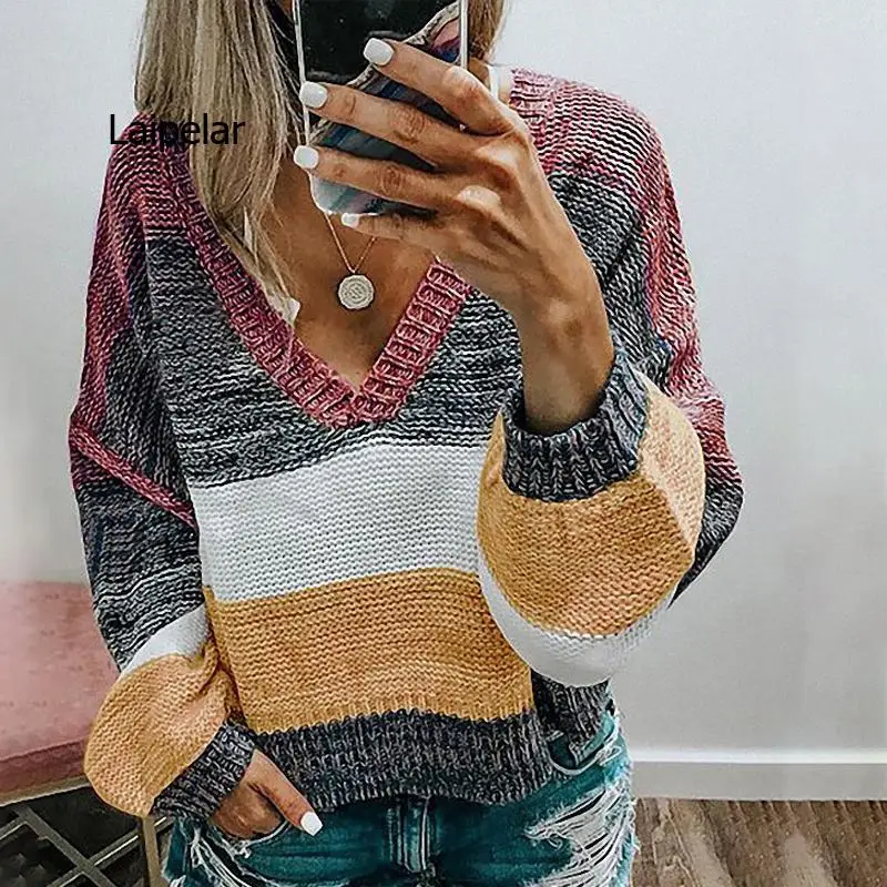 

Autumn/Winter New Stripe European And American Casual Loose V Neck Warm Long Sleeve Knit Sweater Women Work Office Wear