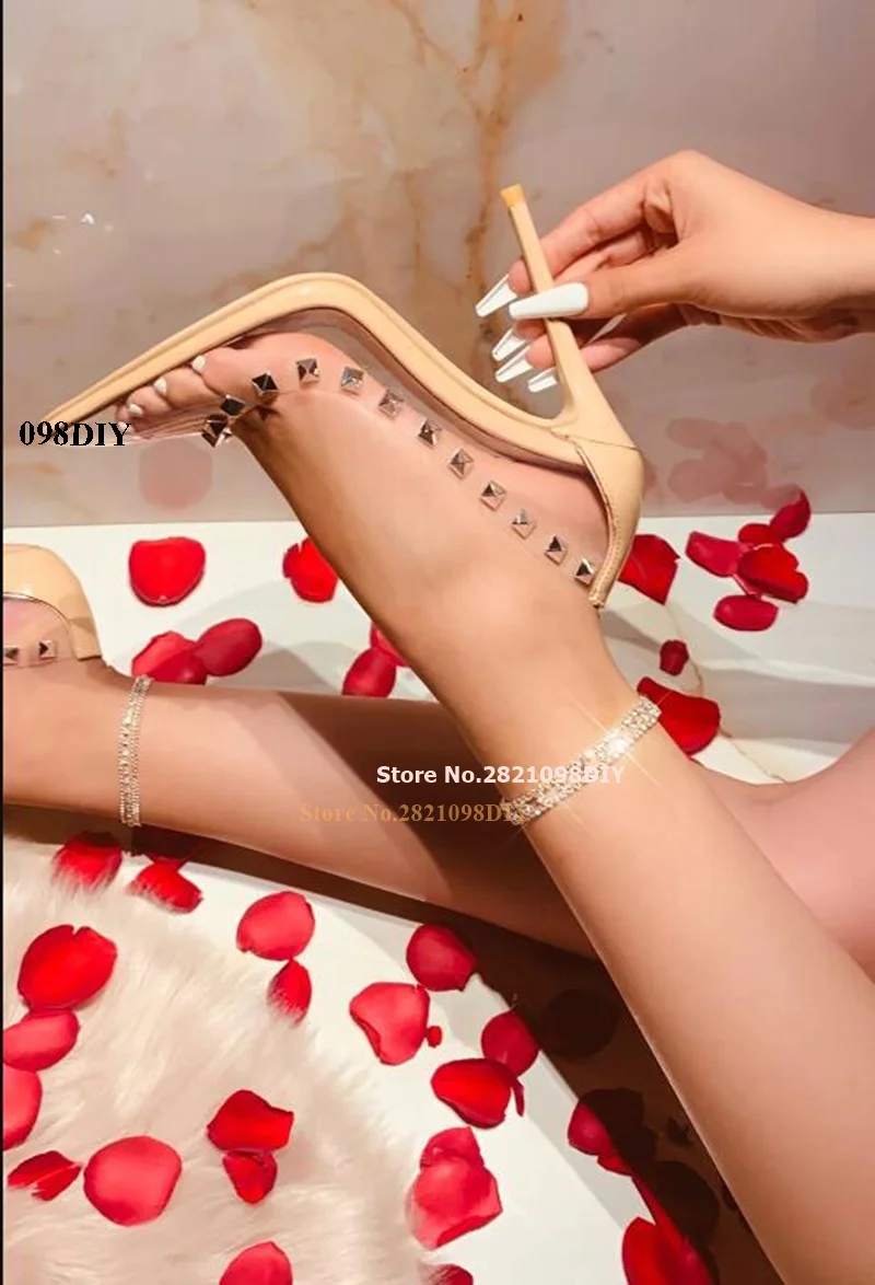 

Rivet Transpatent Pvc Thin High Heel Pumps Women Pointed Toe Slip On Stiletto Heeled Party Dress Shoes