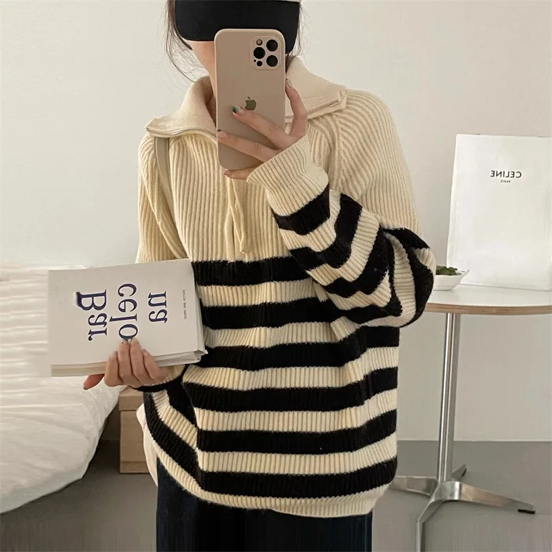 

Sweater Color-Blocked Striped Half-Zip Pullover Sweater Women's 2022 Autumn and Winter New Slim Sweater Long-Sleeved Top Women's