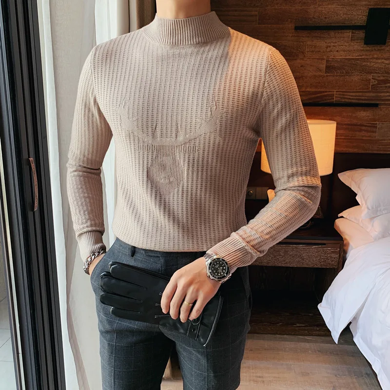 2022 Letter Jacquard Half Turtleneck Sweater Men Fashion Slim Long Sleeve  Knitted Pullovers Casual Business Social Knitwear Tops - AliExpress