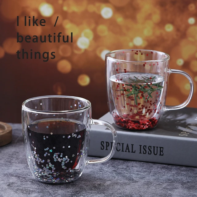 Star Double Wall Glass Coffee Mug, Beautiful Sequins Bubble Heat Resistant  Kawaii Cute Breakfast Tea Water Cup Handle Mugs