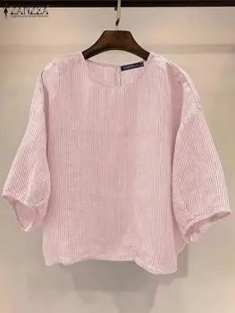 2024 ZANZEA Fashion O Neck 3/4 Sleeve Loose Shirt Casual Work Blusas Femininas Holiday Tops Tunic Women Summer Striped Blouse 1