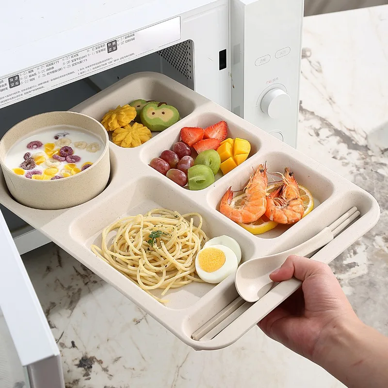 Wheat Straw Restaurant Dining Tray Split Plate Home Dining Tray Adult Fast Food School Hotel Large Capacity Five-grid