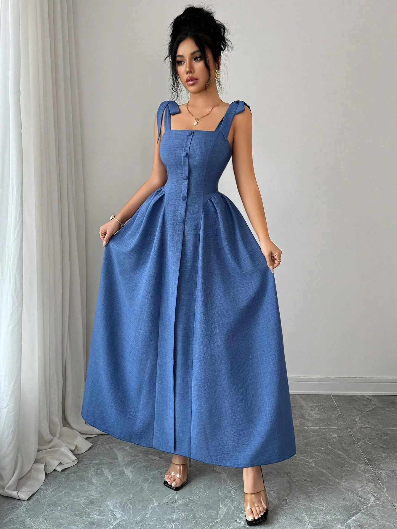 Elegante Abito Lungo da Donna in Tinta Unita, Vestito Leggero e Alla Moda - immagine 5