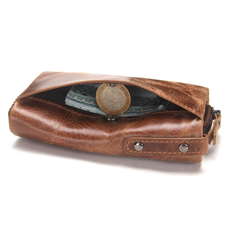 CONTACT'S Crazy Horse Leather Key Wallets Men Hasp Design Zip Coin Purse Key Chains Vintage Slim Purse Men's Money Clip
