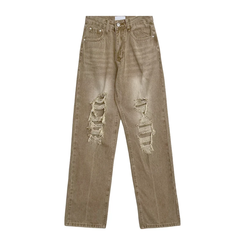 

Retro washed retro personality hole high-waisted thin straight-leg jeans pants