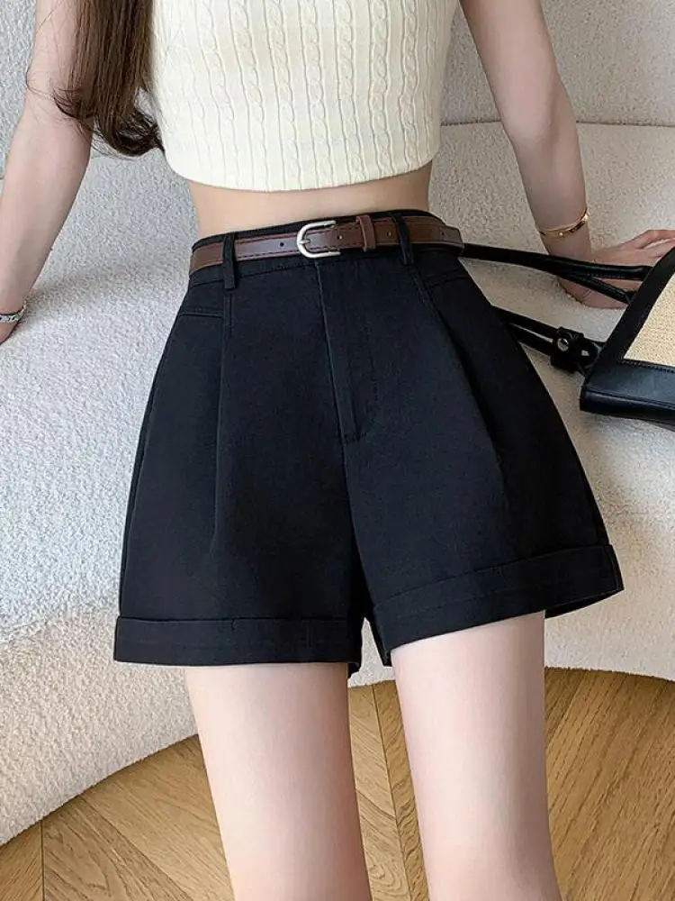 여성용 하이 웨이스트 캐주얼 반바지, 카키 스트레이트 와이드 레그 짧은 바지, 다용도 인기, 블랙 베이지, 한국 버전, 여름 패션