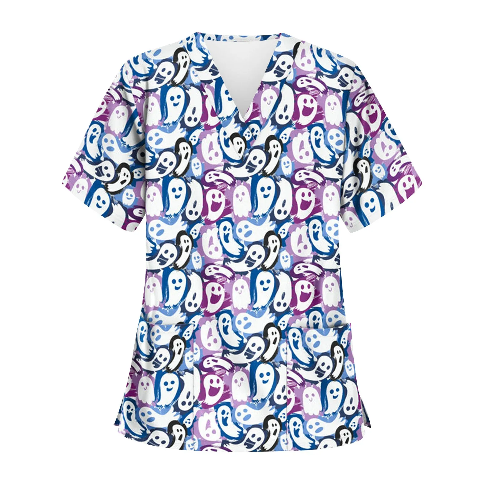 

Halloween Print Nurse Uniform Women Short Sleeve V-Neck Tops Healthcare Tunic Pocket Blouse Overalls Female Uniforme Clinico