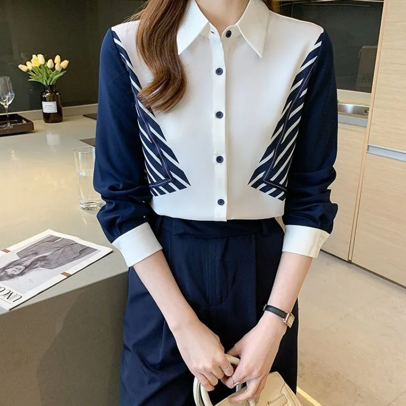 Women's Spring Autumn Fashion Elegant Polo Collar Long Sleeve Printed Shirt Casual Versatile Western Commuter Comfortable Tops