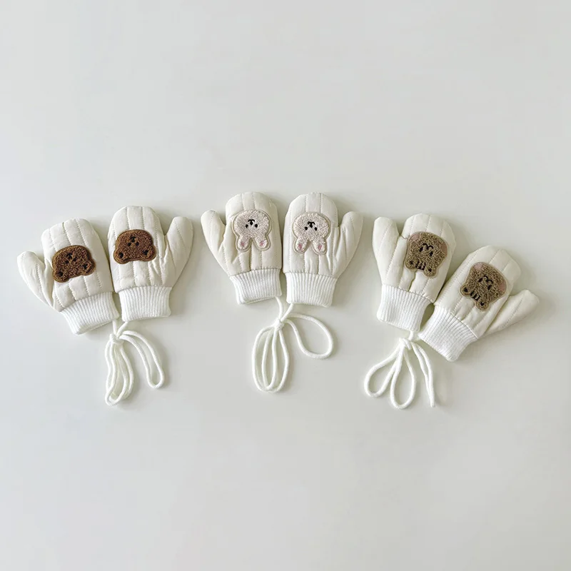 Thick Velvet Baby Fingerless Gloves Winter Children Hanging Neck Glove Cute Bear Plush Mittens 1-4year Boy Girl Kids Hand Warmer 6