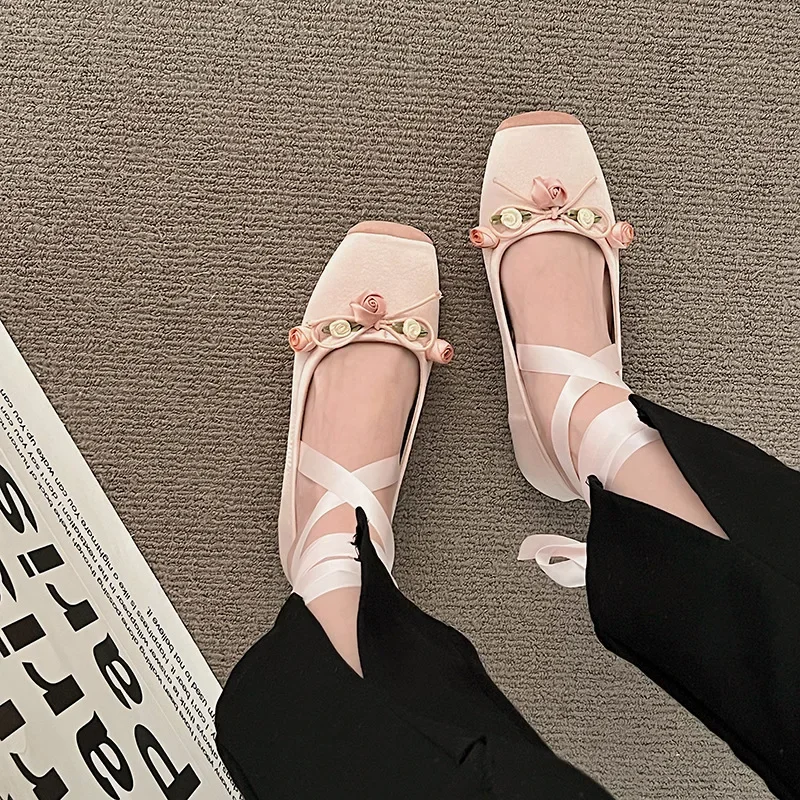 Luxury Lace Tie Leg Satin Silk Ballet Flats Woman Square Toe Bowknot Elastic Band Ballerinas Ladies Wedding Floral Shoes 2026