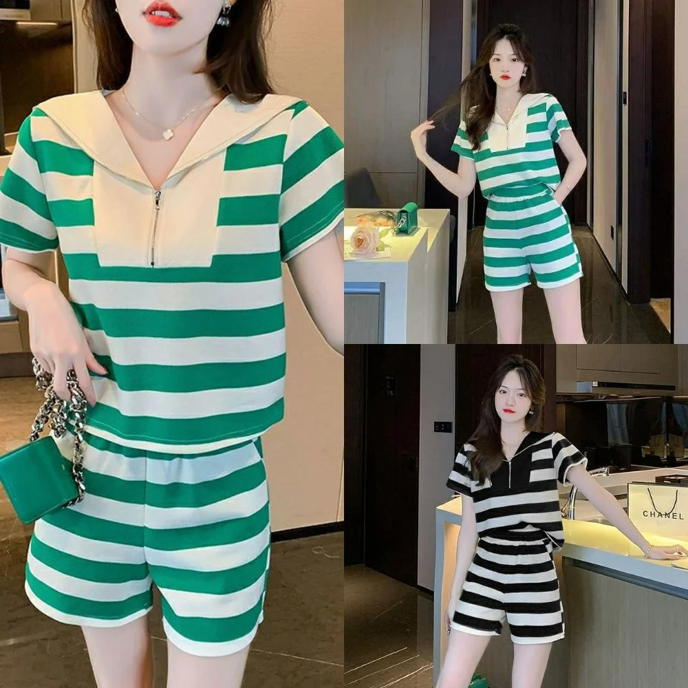 프레피 캐주얼 스웨트 셔츠 세트 여성 여름 귀여운 작은 남자 짧은 소매 폴로 셔츠 반바지 러닝 투피스 세트