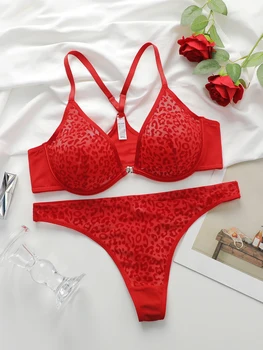Ensemble de lingerie sexy à imprimé léopard pour femmes, avec boucle sur le devant, avec anneau en acier, soutien-gorge push up confortable et ajusté, YS3047
