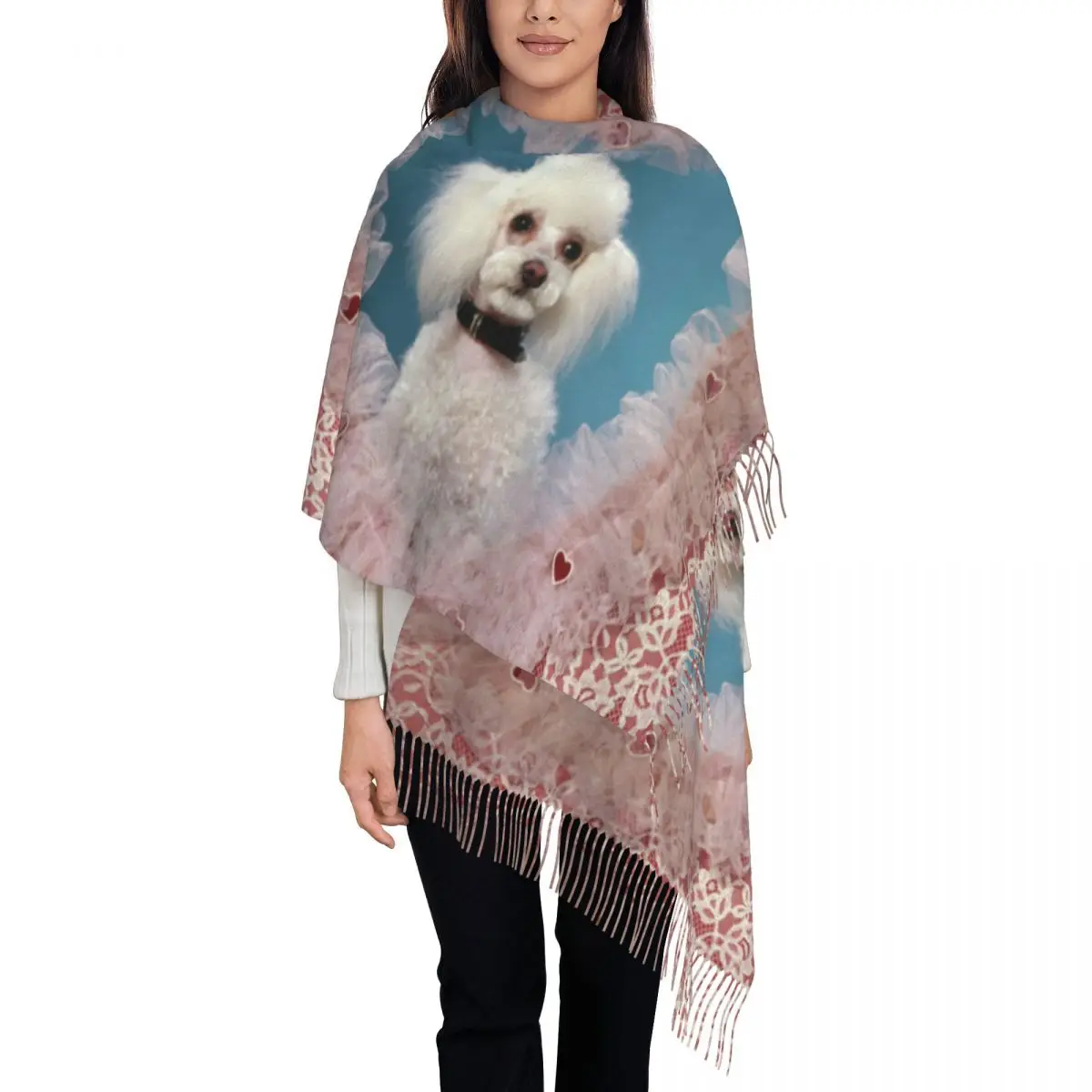 

Poodle Dog 1960s In Lacy Valentine Heart Scarf Wrap for Women Long Winter Warm Tassel Shawl Unisex Animal Lover Scarves