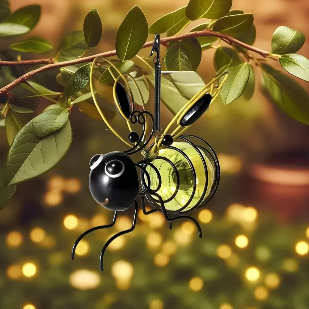 Solar Iron Bee Statue Lights Outdoor Waterproof Hanging Tree Ornaments for Fence Yard Courtyard Garden Art Christmas Decor