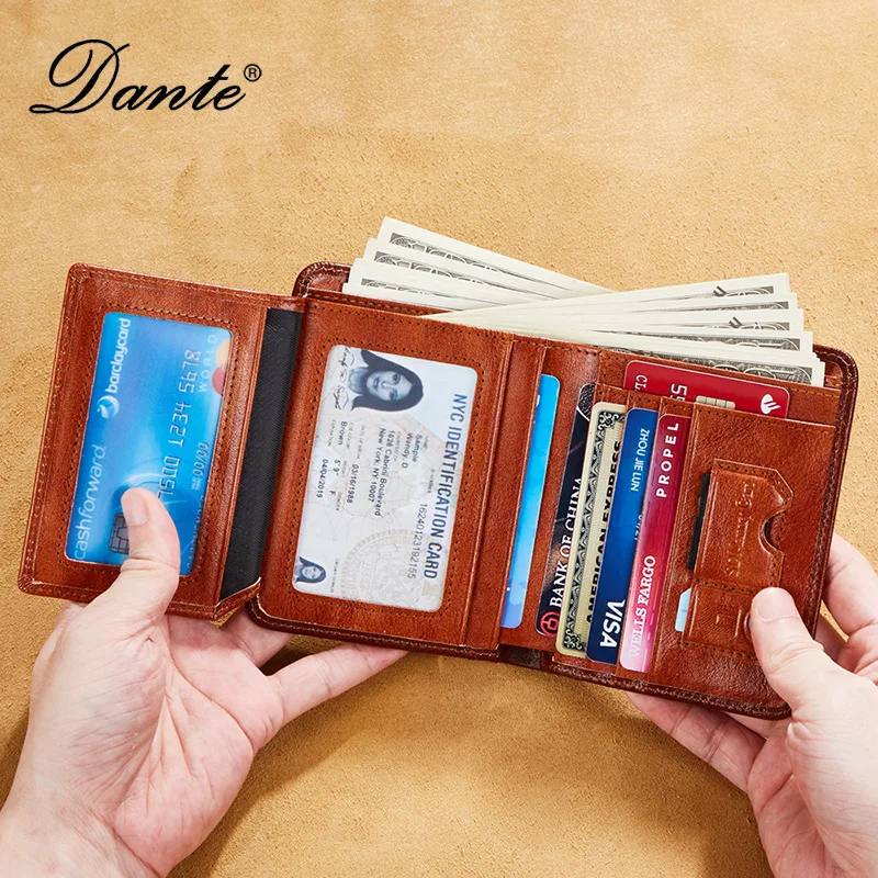 Men's Genuine Leather RFID Blocking Vertical Tri Fold Vintage First Layer Cowhide Wallet