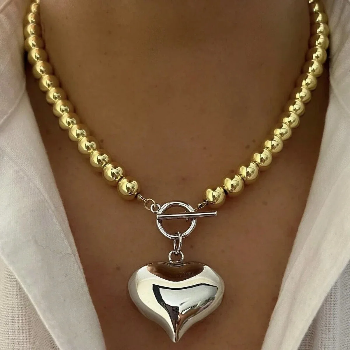 Y2k Stainless Steel Heart Pendant Bead OT Clasp Necklace For Women Men Fashion Geometric Charm Necklace Party Jewelry Gifts 2