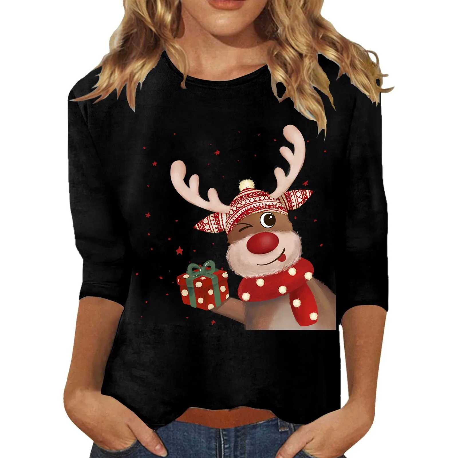 

Womens Christmas Tops Vantage Long Sleeve Crew Neck Print Hoodies Loose Oversize T Shirt Korean Ugly Reindeer Graphic Sweatshirt
