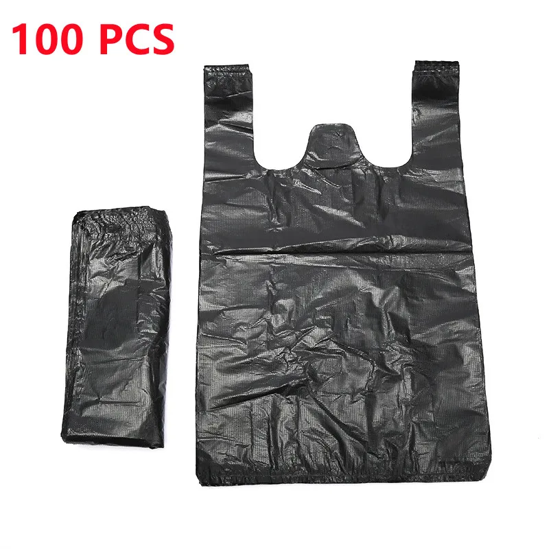 Saco De Compras De Plástico Preto, Saco De Armazenamento De Colete, Embalagem De Compras De Supermercado Espessado, Saco De Armazenamento De Lixo De Cozinha Takeaway, 100Pcs