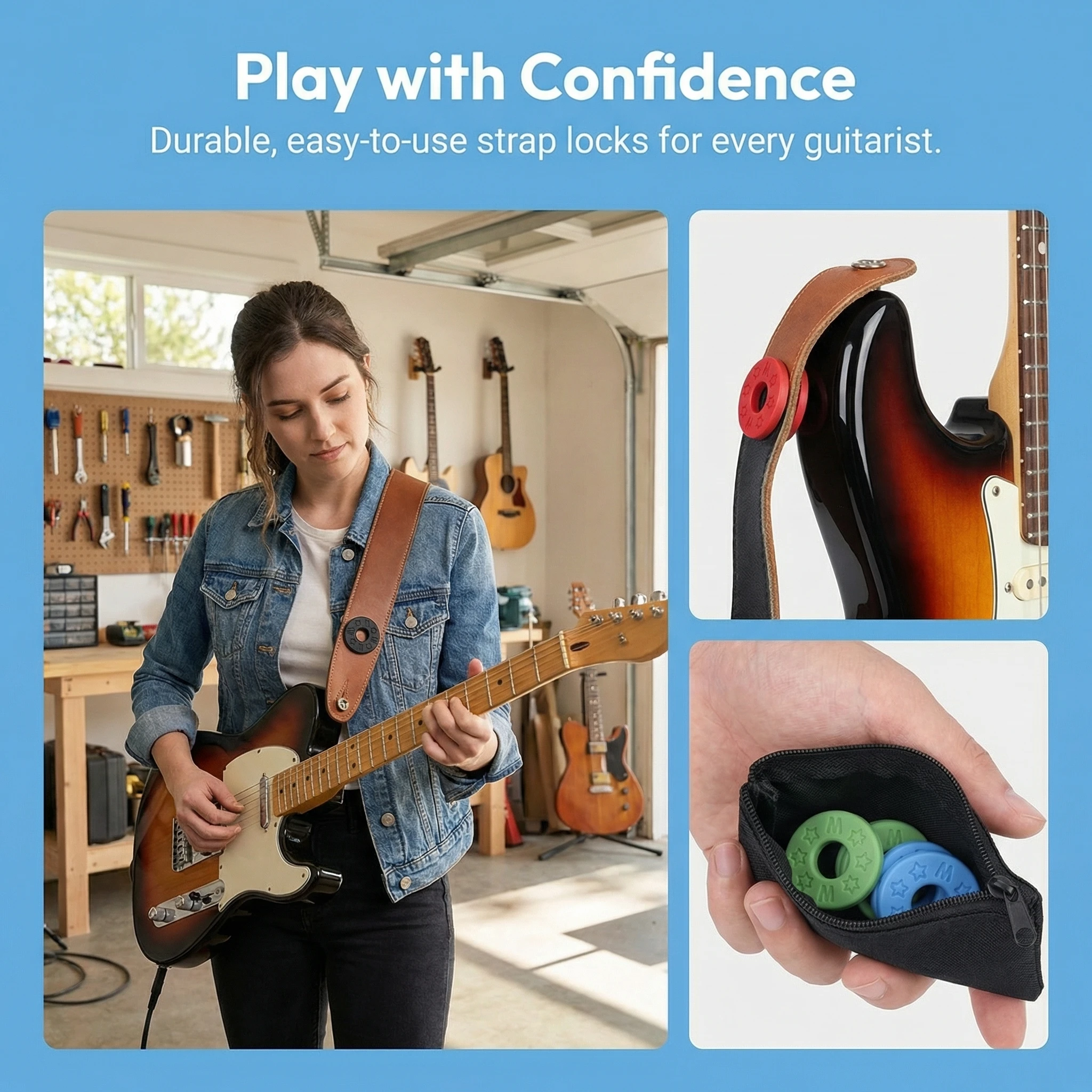 Miwayer 10 Stück Gitarren-Gurtschloss aus Gummi, rutschfeste PE-Pads, sicher und geschützt, kompatibel mit Akustik- und E-Gitarren – Detail 11