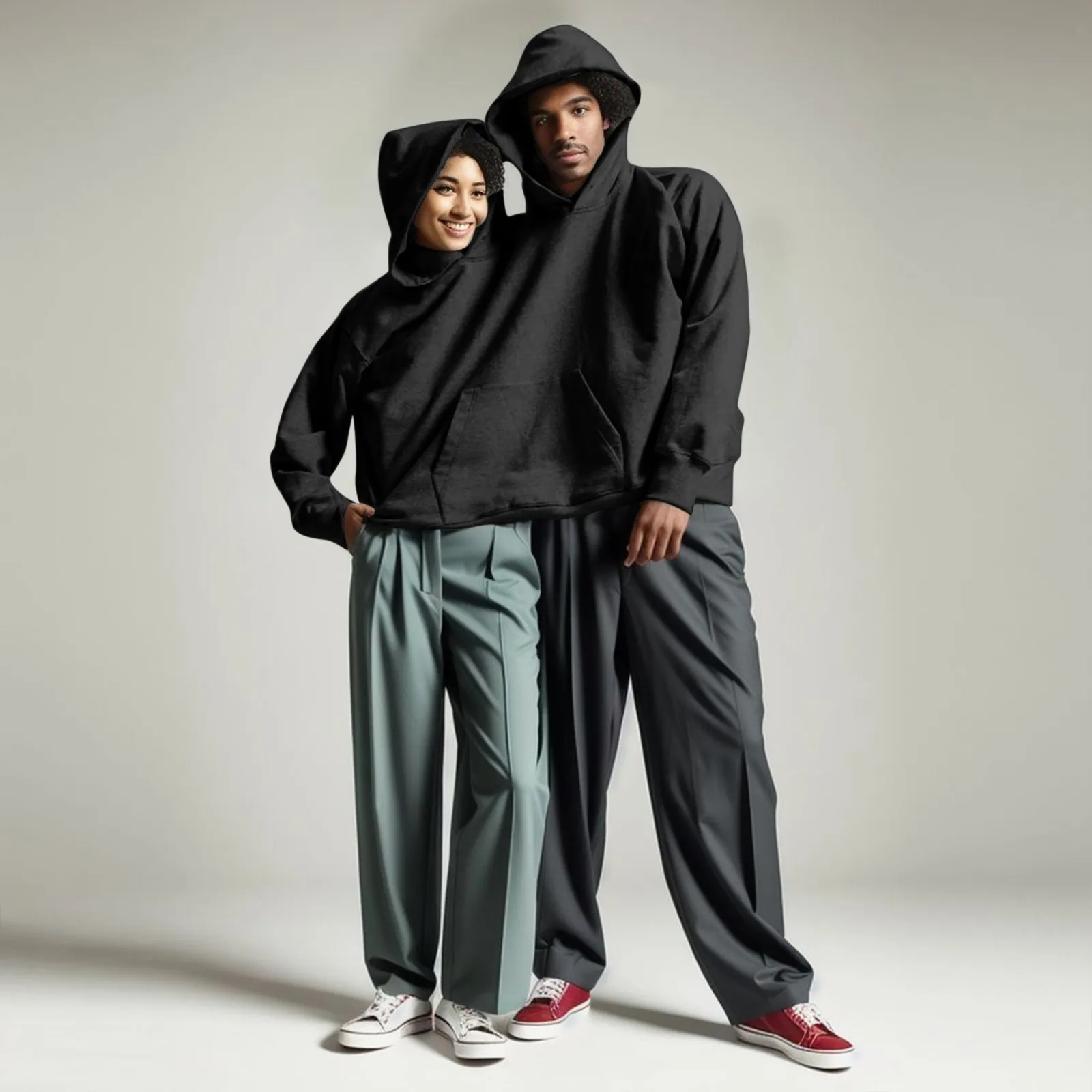 Black Couple Hoodies Women Oversize Two Hats Pockets Sweatshirts Lovers Sweatshirts Hooded Tops Trendy Solid Tracksuit Pullovers ogkb men s tracksuit cool fashion black white grid 3d printed hip hop summer refreshing tank top shorts set oversize 6xl