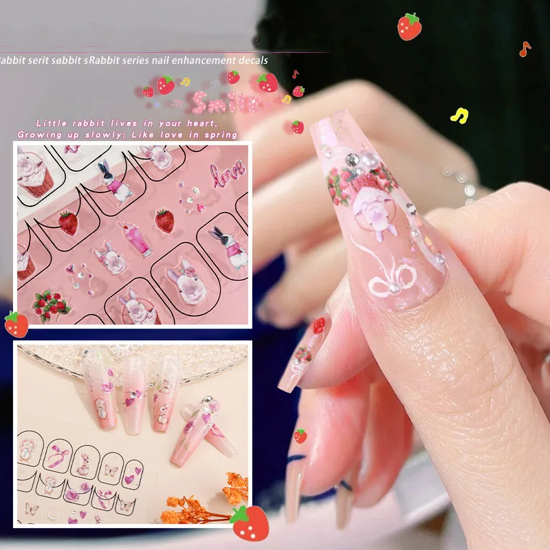 

5D embossed stickers cute cartoon rabbit bow star moon with glitter diamond designs DIY manicure accesories faux ongles sliders