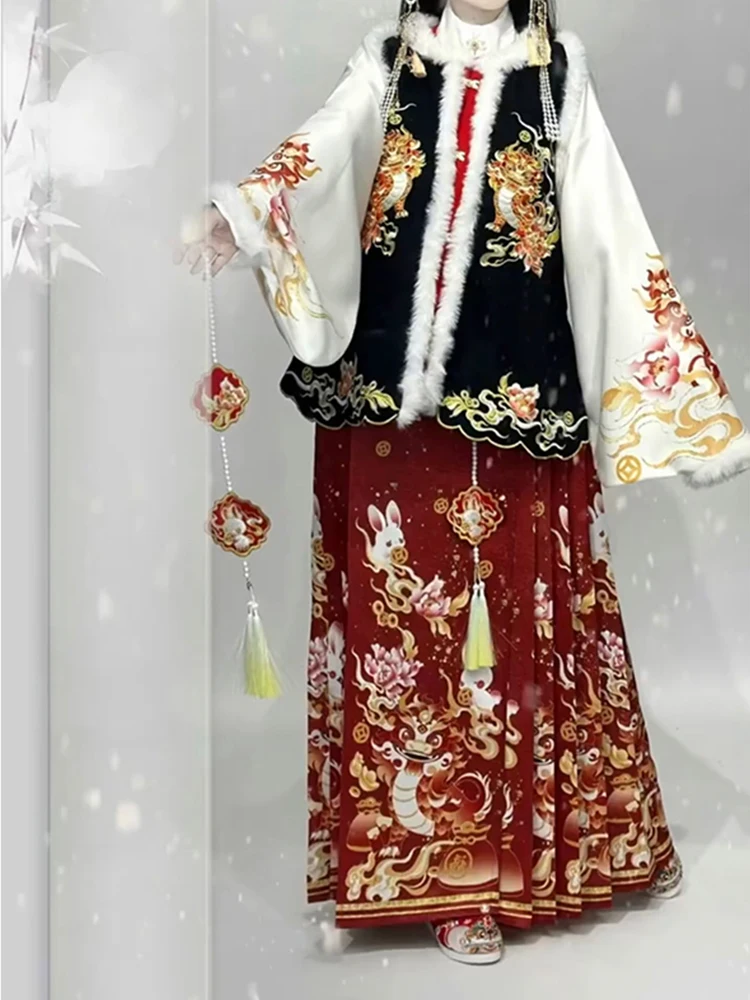 

Chinese New Year Winter Women's Han Clothing Ming round Neck Embroidery Horse-Face Skirt Clothes